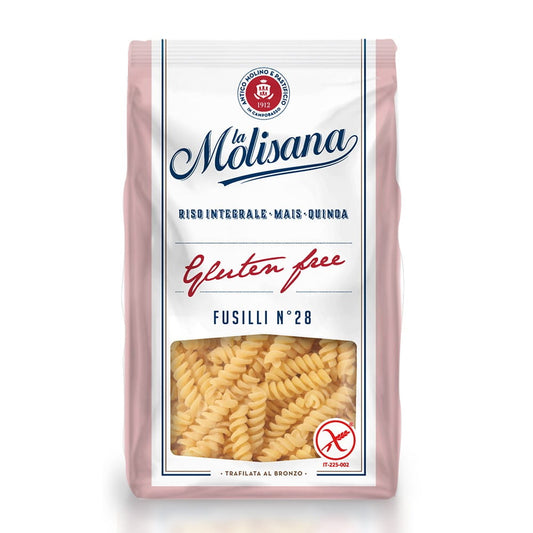 Glutenfreie Fusilli-Nudeln Nr. 28 von LA MOLISANA, 400 g, spiralförmige Pasta auf einem weißen Teller.
