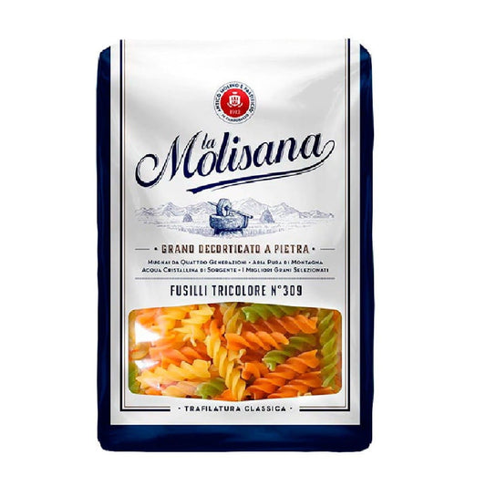 Dreifarbige Fusilli-Nudeln von LA MOLISANA in 500 g Packung, farbige Spiral-Pasta auf weißem Hintergrund