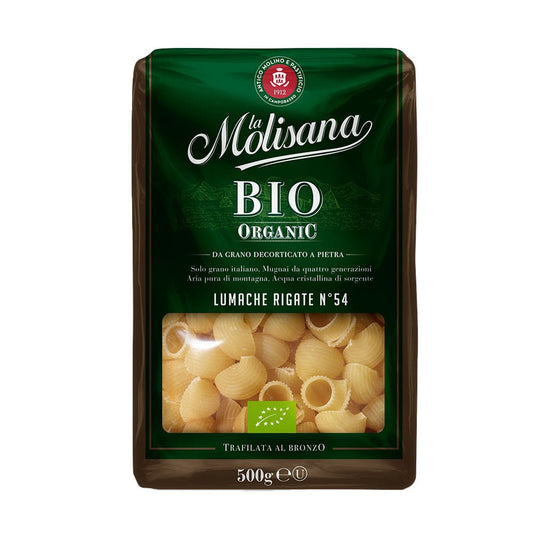 Vollkorn-Lumache Rigate Nr. 54 BIO von LA MOLISANA, 500 g Packung, ungekochte italienische Pasta auf weißem Hintergrund.