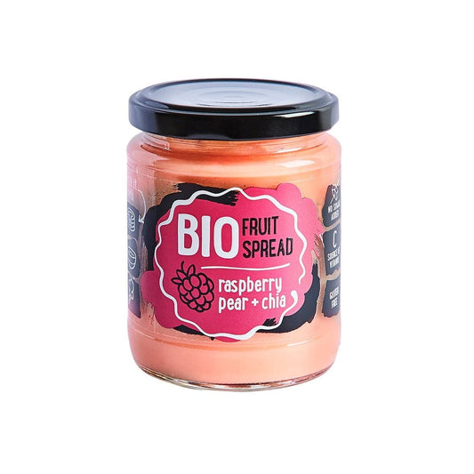 Bio Fruchtcreme Birne-Himbeere mit Chiasamen, 245 g, LAT EKO FOOD, cremige Fruchtmischung in Glasbehälter