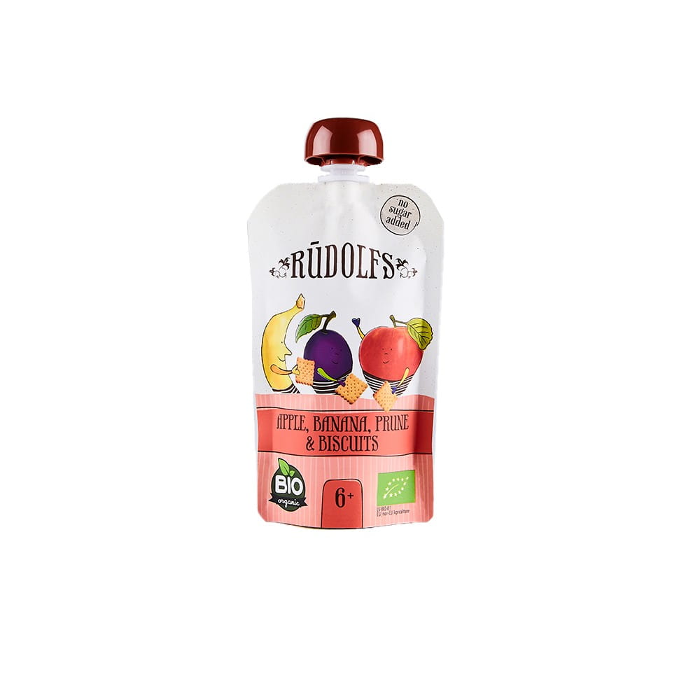 Fruchtmousse: Apfel, Banane, Pflaume und BIO-Kekse 110 g