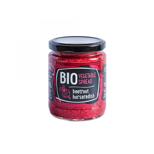 Biologische Rote Bete Meerrettich Gemüsepaste von LAT EKO FOOD, 235 g, cremige Paste in Glas.