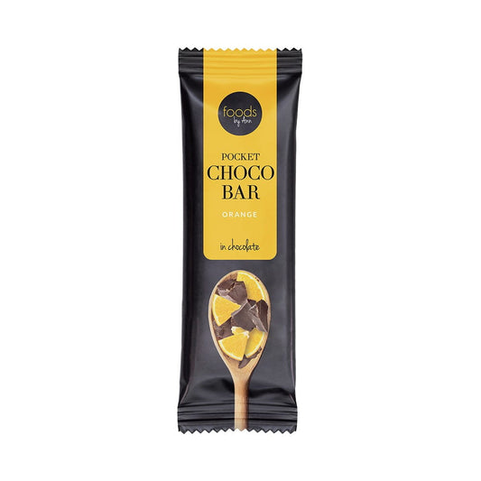 Schokoriegel Orange in Schokolade von FOODS BY ANN, 35 g, mit Orangengeschmack und schokoladiger Hülle, auf weißem Hintergrund