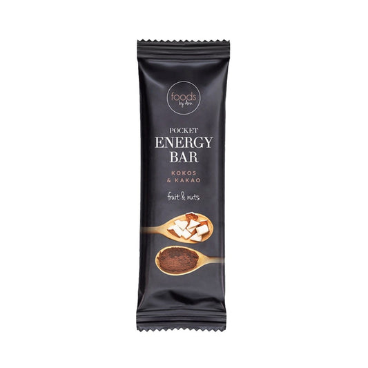 Energieriegel Kokos und Kakao von FOODS BY ANN, 35 g, mit Kokosnuss und Kakaogeschmack, auf weißem Hintergrund.