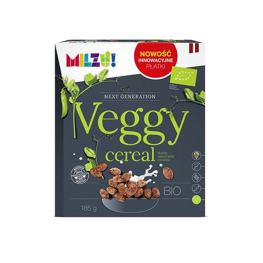 Gemüseflocken mit Kakao BIO von MILZU, 185 g, nähere Ansicht der Verpackung mit Produktbeschreibung