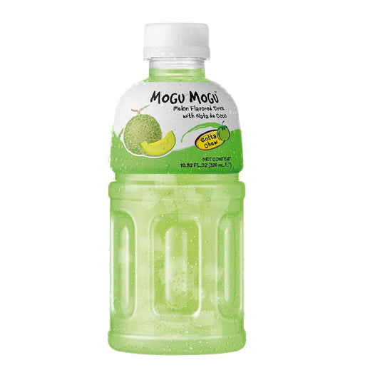Mogu Mogu Melonengeschmacksgetränk mit Kokosgeleestückchen in 320 ml Flasche, erfrischendes Fruchtgetränk mit Kokosnussstücken