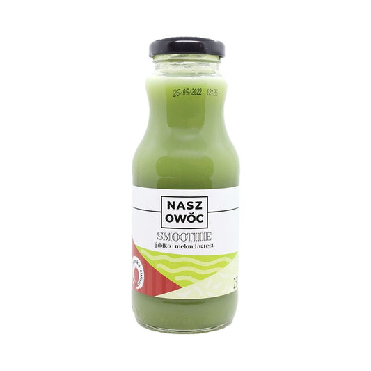 Frischer Apfelmelonen-Apfelbeer-Smoothie in 250 ml Flasche von NASZ OWOC, cremige Fruchtmischung mit Beeren und Melone.