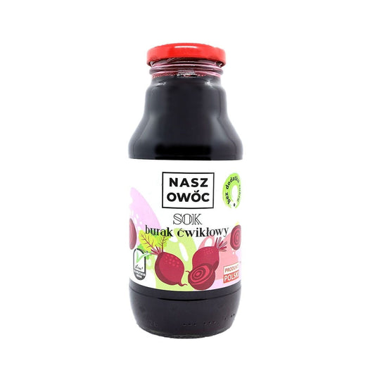 Rote-Bete-Saft in 330 ml Flasche von NASZ OWOC, frisch und naturbelassen, zeigt die tiefrote Farbe der Rote Bete.