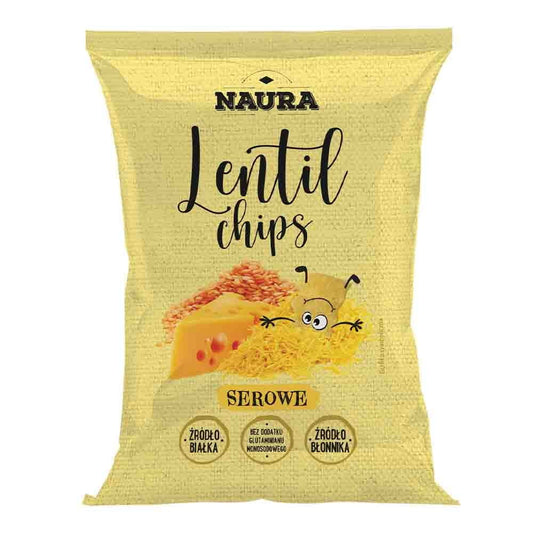 Linsenchips Cheddar-Käse von NAURA, 70 g, knusprige linsengeschmackvolle Chips mit Cheddar-Note, gefüllt mit roten Linsen.