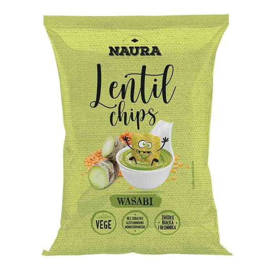 Knusprige Wasabi-Linsenchips von NAURA in 70 g Tüte, mit grünen Chips und würzigem Wasabi-Geschmack, auf weißem Hintergrund