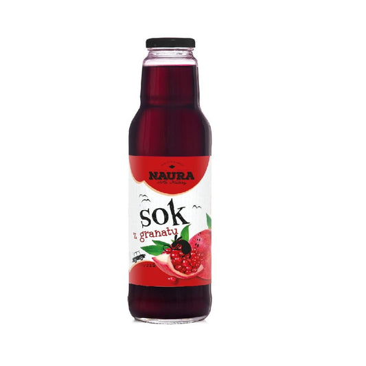 Granatapfelsaft von NAURA in 750 ml Flasche, dunkle Fruchtfarbe, frischer Saft in Glasflasche sichtbar