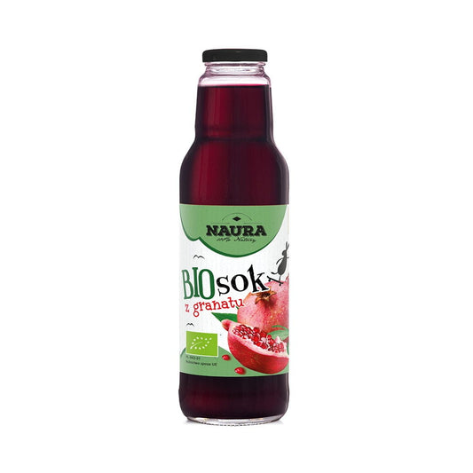 Bio-Granatapfelsaft von NAURA in 750 ml Flasche, dunkle Farbe, frischer Saft mit reichem Granatapfel-Design auf Etikett