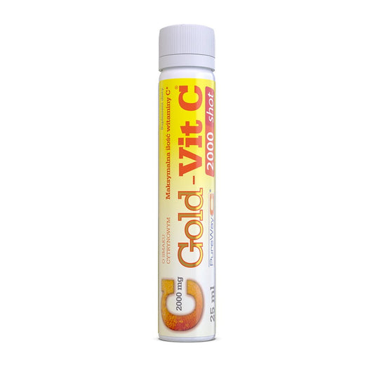 Gold Vitamin C 2000 Lemonshot von OLIMP LABS in 25 ml Flasche, zeigt die Zitrusfrucht-Geschmack und das Flaschen-Design.