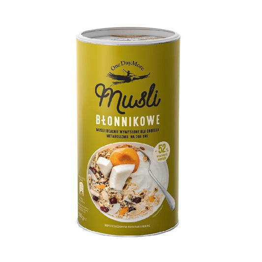 Ballaststoffmüsli von ONEDAYMORE in einer 500 g Packung, mit verschiedenen Getreide- und Fruchtstücken.