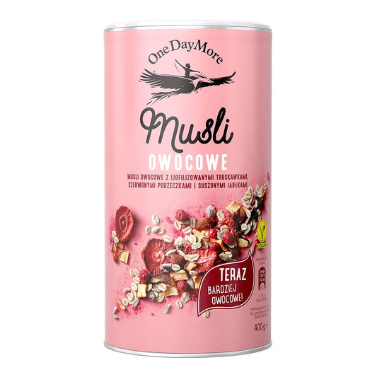 Fruchtmüsli von ONEDAYMORE in 400 g Packung mit bunten getrockneten Früchten und Haferflocken, Nahaufnahme