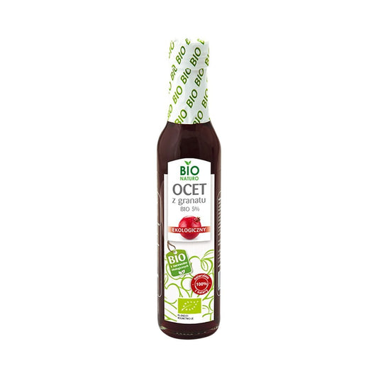 Bio Granatapfelessig 5% in 250 ml Flasche von BIONATURO, zeigt die Flasche mit rotem Essig und fruchtigem Etikett.