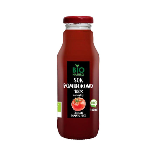 Bio Tomatensaft von BIONATURO in 300 ml Flasche, frisch und naturbelassen, zeigt die rote Tomatensaftflasche vor weißem Hintergrund.