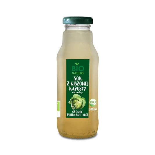 Bio Sauerkrautsaft von BIONATURO in 300 ml Flasche, naturbelassen und erfrischend, sichtbar in der Flasche.