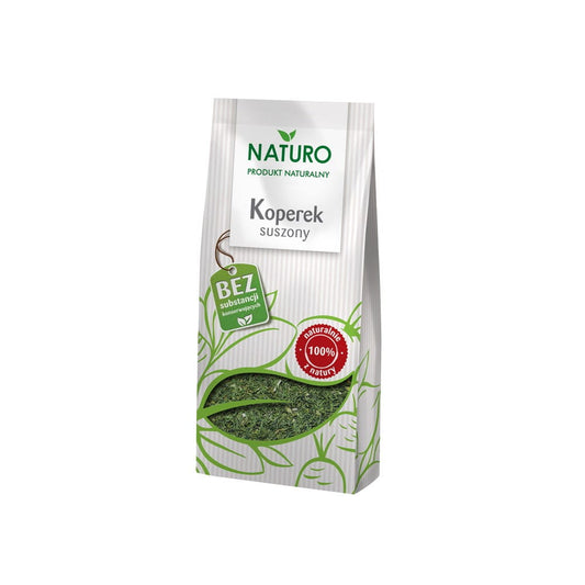Getrockneter Dill von NATURO, 25 g, feines getrocknetes Dillkraut in einer transparenten Verpackung.