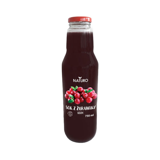 Glas mit 750 ml 100% Cranberrysaft von NATURO, transparent Flasche mit rotem Saft, Fruchtfüllung sichtbar