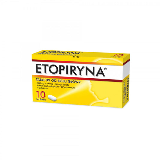 Packung mit zehn Etopyrin 10 Tabletten von POLPHARMA, Schmerzmittel in Blisterverpackung auf weißem Hintergrund