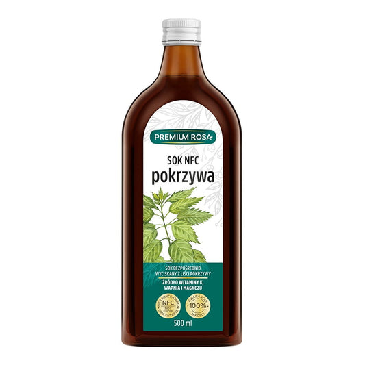 Brennnesselsaft 100% in 500 ml Flasche, von PREMIUM ROSA, zeigt frische Brennnesseln in einer Flasche auf dem Bild