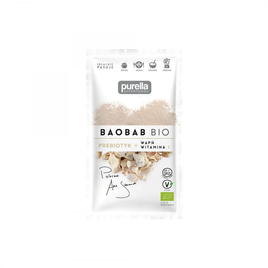 Bio Baobab Prebiotika Kapseln mit Calcium und Vitamin C von PURELLA FOOD, zeigt die Kapseln und Verpackung