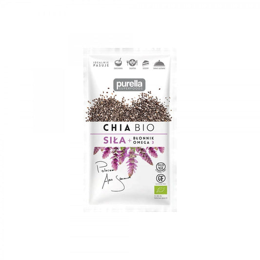 Bio Chia-Stärkefaser mit Omega 3 von PURELLA FOOD, 50 g, Nahaufnahme der Verpackung und Chia-Samen.