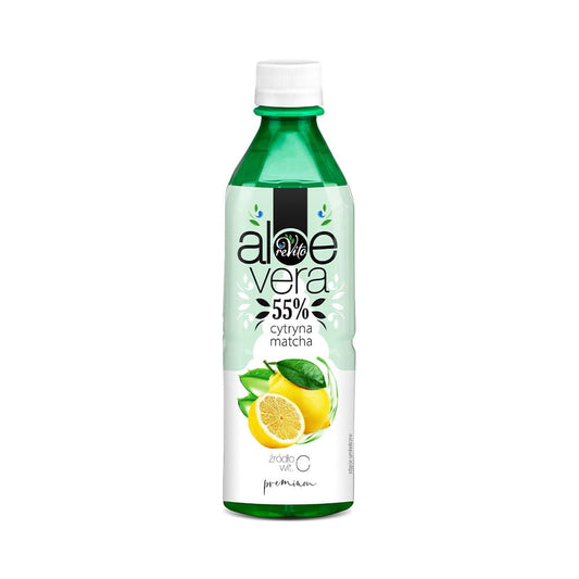 Aloe Vera Getränk mit Zitrone und Matcha in 500 ml Flasche von REVITO, sichtbar auf der Verpackung.