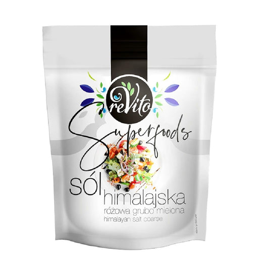 Grobes Himalaya-Rosa-Salz von REVITO in 500 g Verpackung, sichtbare rosa Kristalle auf weißem Hintergrund