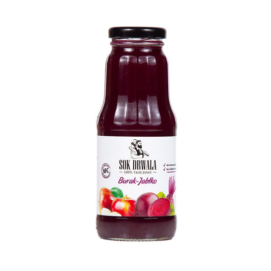 Natürlich gepresster Apfel- und Rübensaft von SOK DRWALA, 300 ml Flasche mit frischem Saft im Glas.