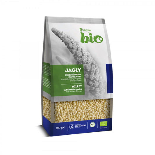 Biologisch expandierte Hirse von SOLIGRANO in 100 g Packung, helle, lockere Körner, ideal für gesunde Gerichte.