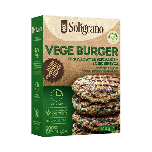 Dinkel-Spinat-Burger von SOLIGRANO, 140g, zeigt einen frisch gebratenen vegetarischen Burger mit Spinat und Dinkelbrötchen.