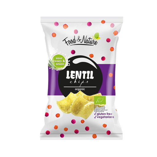 Glutenfreie BIO Sahne- und Zwiebelchips von SOLON, 30 g für knusprigen Snack, sichtbare Chips mit Zwiebelstücken und Sahne.