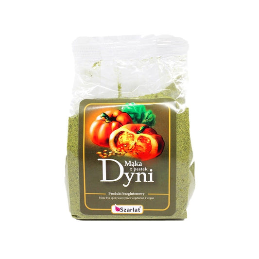 Kürbiskernmehl von SZARŁAT, 300 g, feines gemahlenes Kürbiskernpulver in einer Verpackung.