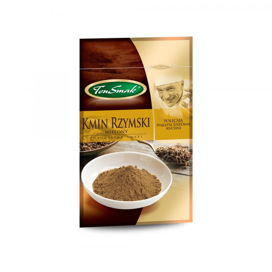 Gemahlener Römerkümmel von TEN SMAK, 15 g, feines Gewürz für vielfältige Gerichte, in einer transparenten Verpackung.