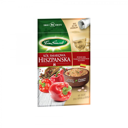 Spanisches aromatisiertes Salz von TEN SMAK, 50 g, mit intensivem Geschmack, sichtbar in der Verpackung und Salzflocken.