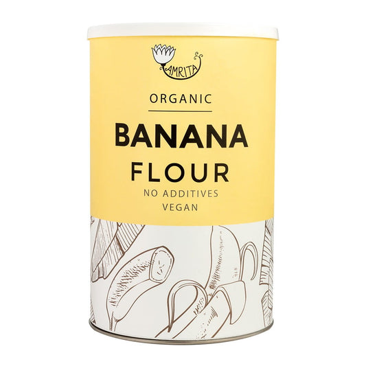 Bio Bananenmehl von UAB EKO PIRK, 500 g, zeigt eine offene Packung mit getrocknetem, gemahlenem Bananenmehl.