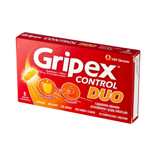 Zwei GRIPEX Kontrollduo 8 Tabletten in einer Packung, hergestellt von USP, gegen Erkältungssymptome.