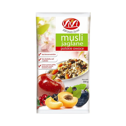 VIVI Hirsemüsli Polnische Frucht, 300 g, Nahaufnahme der bunten Fruchtstücke und Haferflocken in der Verpackung