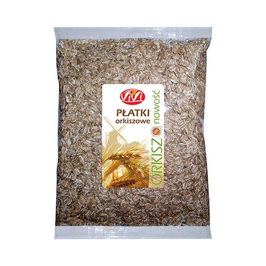 Dinkel Flocken in 500 g Packung von VIVI, Nahaufnahme der getreideähnlichen Flocken in einer Schüssel