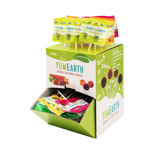 YUMEARTH Fruchtlutscher mit Vitamin C, Bio-Granatapfel, Wassermelone und Mango, bunte Fruchtbonbons auf weißem Hintergrund