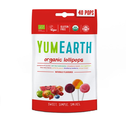 Bio Fruchtlutscher mit Vitamin C von YUMEARTH, 40 Stück, bunte Fruchtgummis in Packung auf weißem Hintergrund