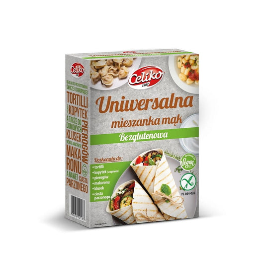 Universelle glutenfreie Mehlmischung von CELIKO, 200 g, in einer offenen Verpackung, zeigt die helle, feine Mehltextur.