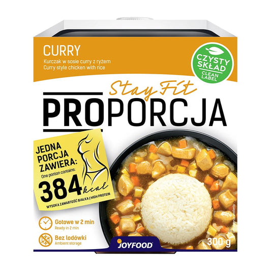 Hühnerfleisch in Currysauce mit Reis und Gemüse auf einem Teller, JOYFOOD, 300 g, frische Zutaten, appetitlich angerichtet