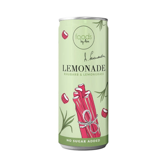 Flasche mit 250 ml Rhabarberlimonade und Zitronengras von FOODS BY ANN, erfrischendes Getränk mit roter Frucht und Zitronengras.