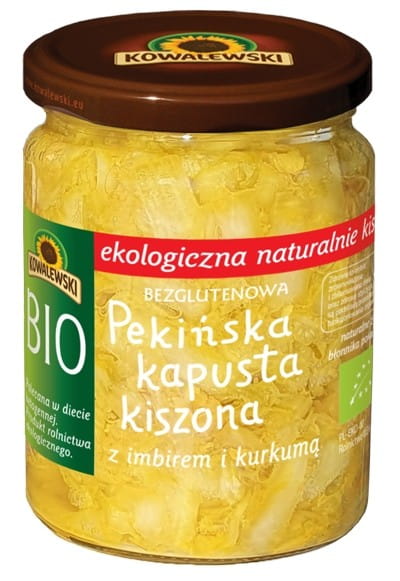 Chinesisches Sauerkraut mit Ingwer und Kurkuma, glutenfrei, bio, 400 g von KOWALEWSKI, in Glasbehälter sichtbar.