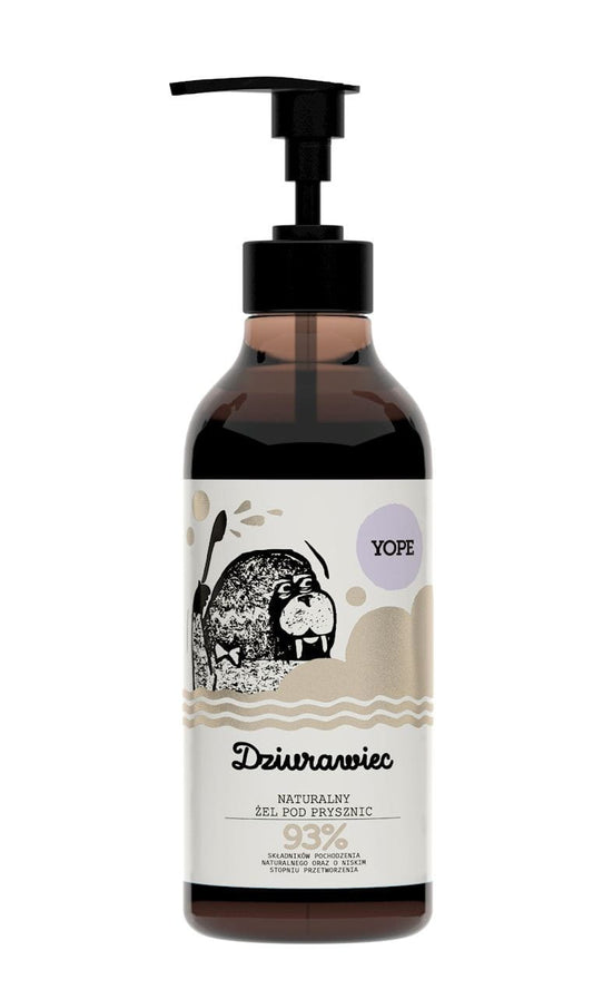 Natürliches Duschgel Johanniskraut von YOPE in 400ml Flasche, zeigt die Produktverpackung mit Johanniskraut-Illustration.