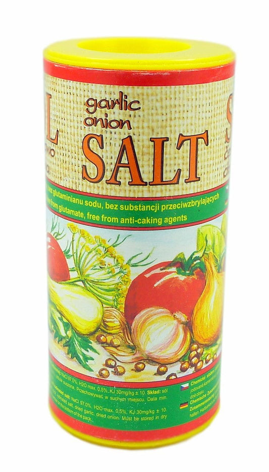 Zwiebel- und Knoblauchsalz von AVENA in 185g Dose, nahe Ansicht, mit Zwiebel- und Knoblauchstücken sichtbar