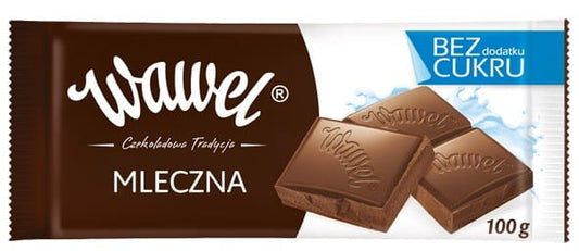 Milchschokolade ohne Zuckerzusatz von WAWEL, 100g, mit cremiger Textur und aromatischem Geschmack, auf dem Bild.